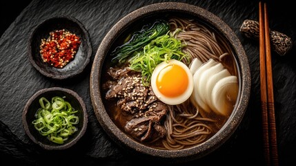 North Korea dish Naengmyeon Chewy buckwheat noodles in icy broth with sliced beef and pickled radish