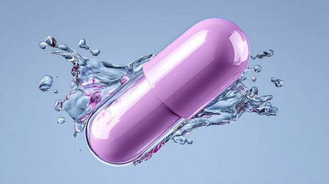 Vibrant pink capsule surrounded by splashes of clear water, showcasing the dynamic interaction between the pharmaceutical product and liquid, emphasizing health and wellness concepts in a visually str