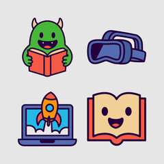 Cartoon Fun Education Mascot Icons. Fun Learning Characters, Book, Robot, Rocket, VR, Earth, Owl,Bag