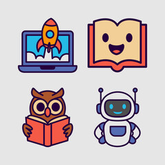 Cartoon Fun Education Mascot Icons. Fun Learning Characters, Book, Robot, Rocket, VR, Earth, Owl,Bag