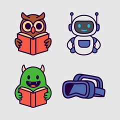 Cartoon Fun Education Mascot Icons. Fun Learning Characters, Book, Robot, Rocket, VR, Earth, Owl,Bag