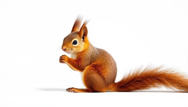 Eurasian red squirrel posed against pure white backdrop, small, wildlife