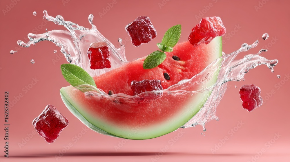 Poster watermelon slice splashing in water with ice cubes and mint leaves, creating a refreshing scene, sho