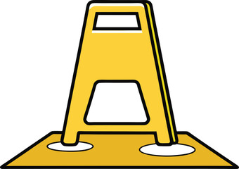 Yellow caution sign vector icon on flat surface, ideal for cleaning, safety, warning, hazard, or wet floor alert illustrations in maintenance and workplace safety design themes.