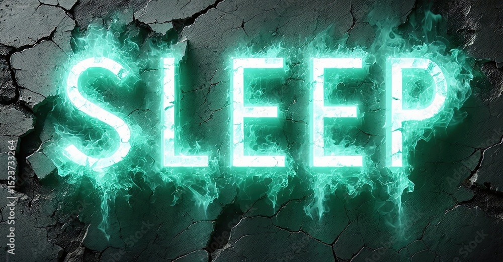 Poster glowing text spells sleep against cracked wall. turquoise energy emanates from letters, creating dra