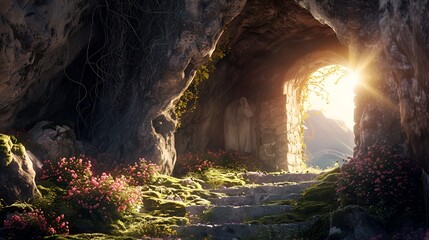 An empty tomb with the stone door rolled away, the interior softly lit by the dawn's early light.