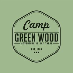 Vintage badge design for outdoor adventure and mountain camping season. Retro style with bold text and crossed axes, perfect for nature or hiking themes.
