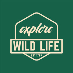 Vintage badge design for outdoor adventure and mountain camping season. Retro style with bold text and crossed axes, perfect for nature or hiking themes.