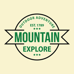 Vintage badge design for outdoor adventure and mountain camping season. Retro style with bold text and crossed axes, perfect for nature or hiking themes.