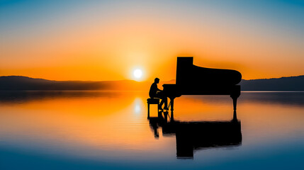 A person plays a grand piano on a calm lake at sunset, with vivid reflections and serene scenery.