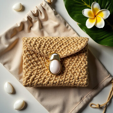 Coastal Elegance Flat Lay: Woven Bag with Mother-of-Pearl Accents