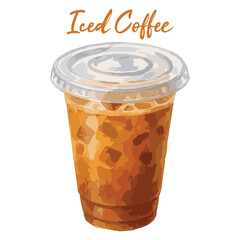 iced coffee in plastic cup in watercolor illustration style, isolated vector on white background