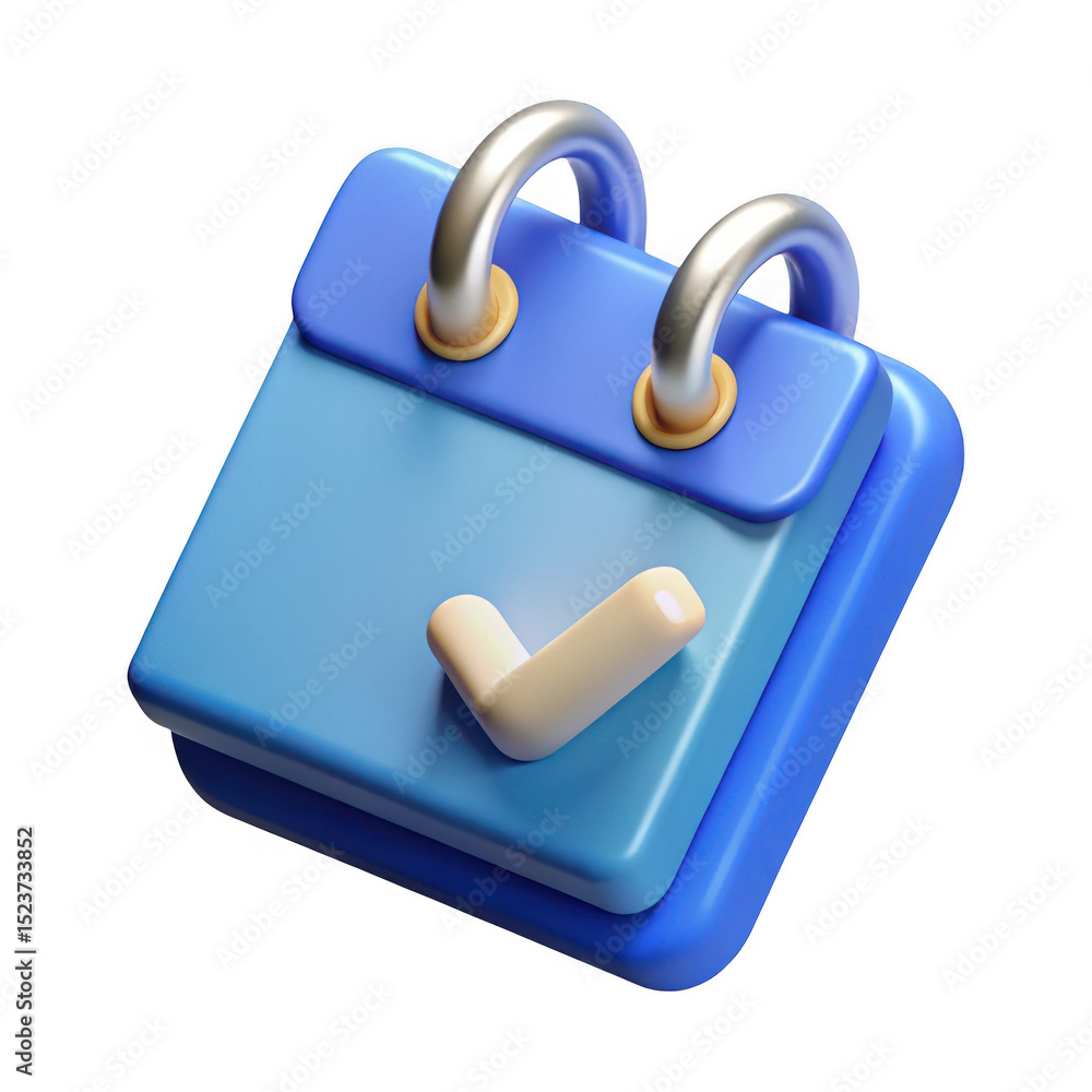 Poster 3d render of a blue calendar with a checkmark, isolated on transparent background