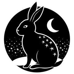 Rabbit under full moon silhouette vector illustration 