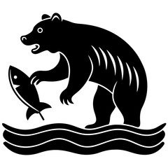 Bear catching fish in river silhouette vector illustration 