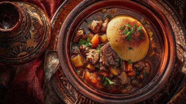 Libya dish Bazin Hardened barley dough dome served with lamb or chicken stew