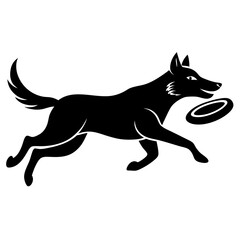 Dog chasing frisbee silhouette vector illustration 
