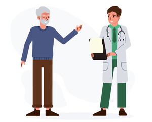 Doctor discusses health report with elderly man during a medical consultation in a clinic setting