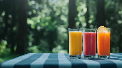 Three colorful fruit juices in tall glasses with straws sit on a striped table outdoors, with a lush green forest background.