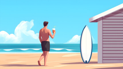 A man with a drink walks on a sunny beach toward a hut, with a surfboard propped nearby and the ocean in the background.