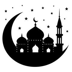 Night sky with crescent and minarets silhouette vector illustration 