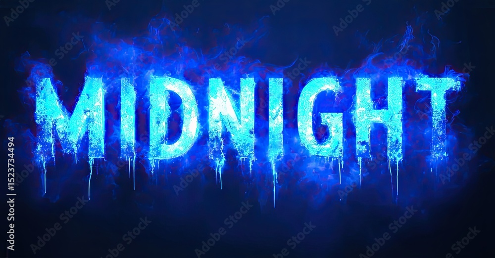 Leinwandbilder Bright blue text spells MIDNIGHT. Dripping effects create dynamic visual impact against dark background. Bold typography dominates image.