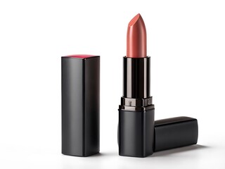 Classic peach nude lipstick in matte black tube on white – Labial nude durazno clásico en tubo negro mate sobre fondo blanco Elegant Pink Lipstick with Black Tube on White Background