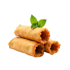 Delicious golden fried egg rolls garnished with mint leaf, ready to serve. perfect for appetizers and spring rolls.