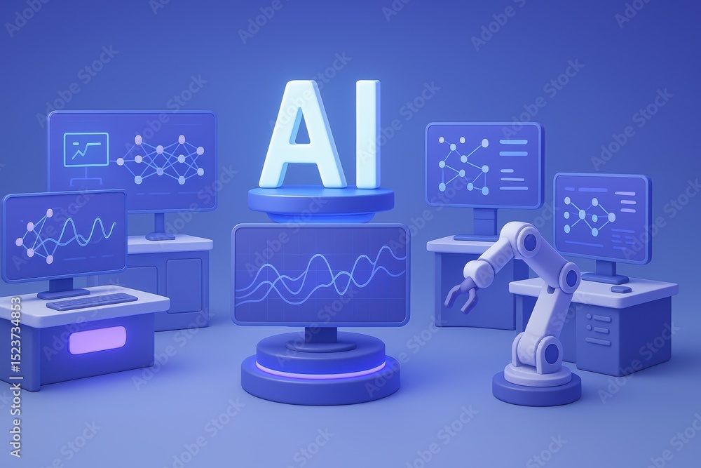 Poster futuristic ai technology display with monitors and robotic arm in a modern workspace setting