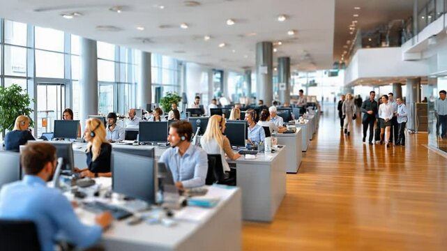 Modern Corporate Dynamics: A vibrant panorama of a contemporary office setting, where diverse business professionals are deeply engaged in their respective tasks.
