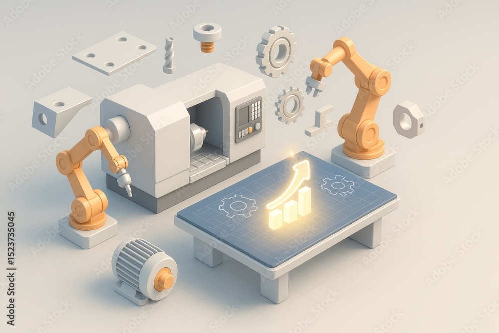 Poster modern factory setup with robotic arms and 3d graphs for industry 4.0 automation concept
