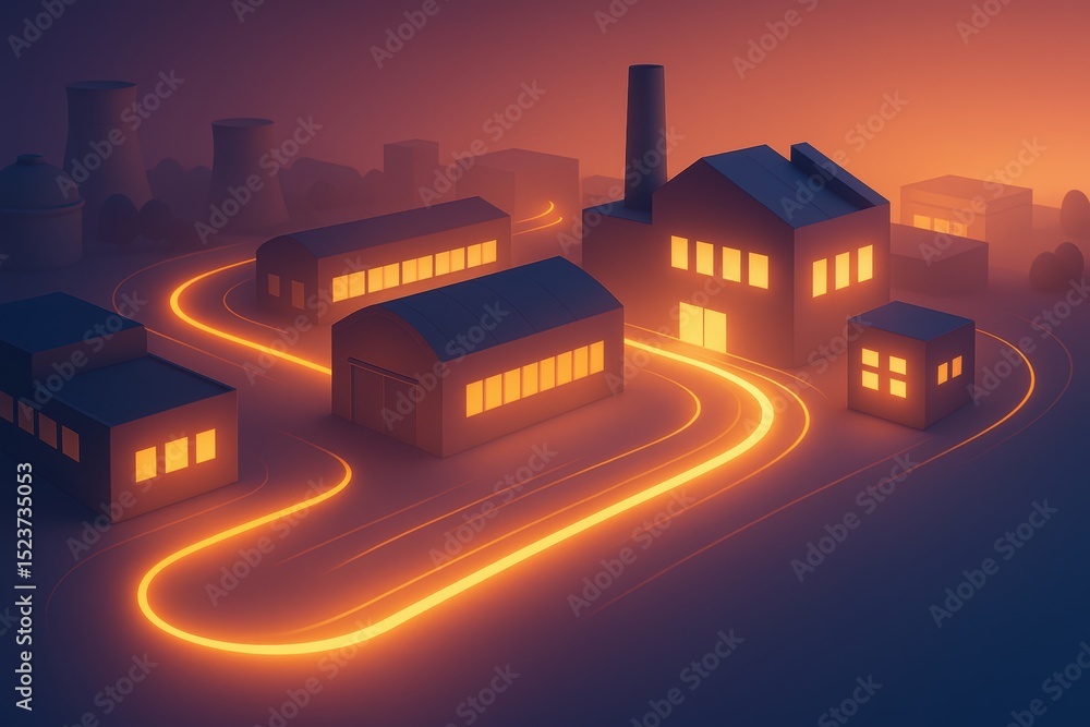 Poster aerial view of industrial complex at dusk with illuminated pathways and soft atmospheric glow
