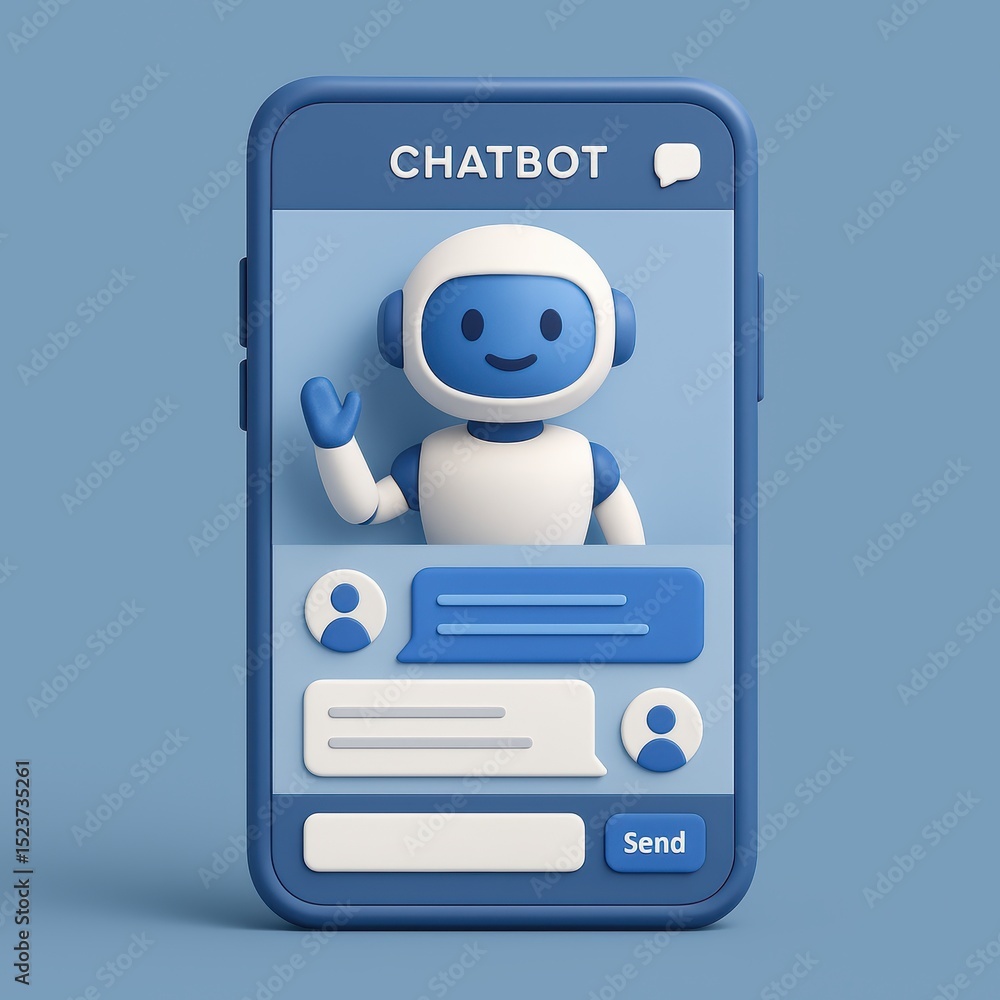 Poster friendly chatbot on smartphone screen greeting users with colorful interface and modern design
