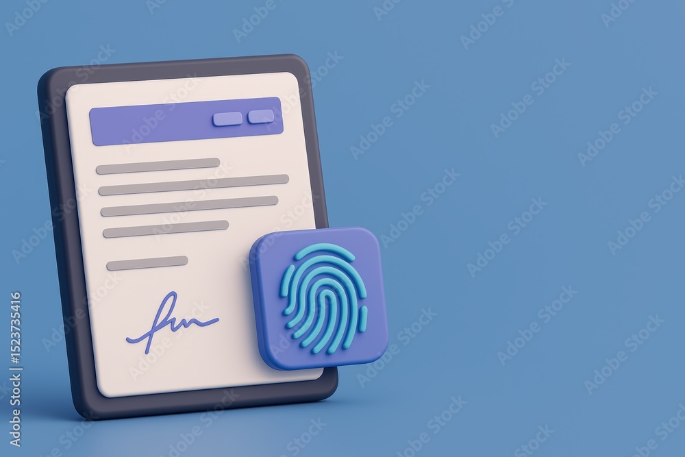 Poster digital document with signature and fingerprint icon on blue background representing security