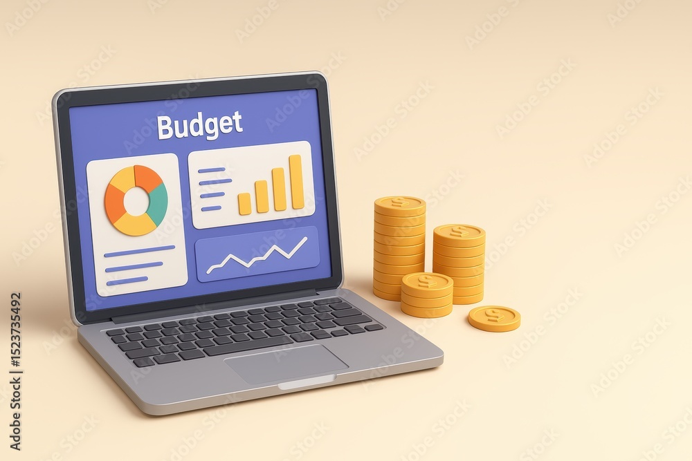 Poster laptop displaying budget charts with coins stacked on table in a modern finance concept background
