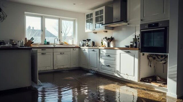 Flooded kitchen with damaged cabinets and appliances. Water damage in modern kitchen showing significant flooding. Home insurance claim concept for property damage and repair.