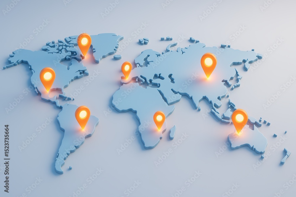 Poster 3d world map with location pins illustrating global connectivity and navigation ideas