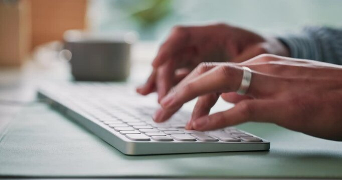 Hands, typing and businessperson in office for research on creative project for magazine. Keyboard, contact and copywriter with communication for article publishing on technology in workplace. - Powered by Adobe