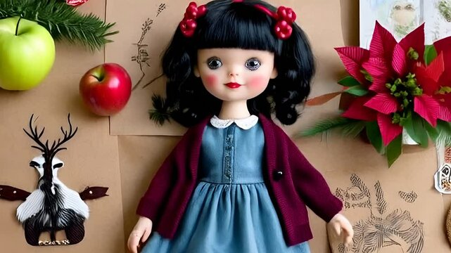 little black hair Christmas doll w/ denim blue babydoll dress/maroon cardigan shrug, 