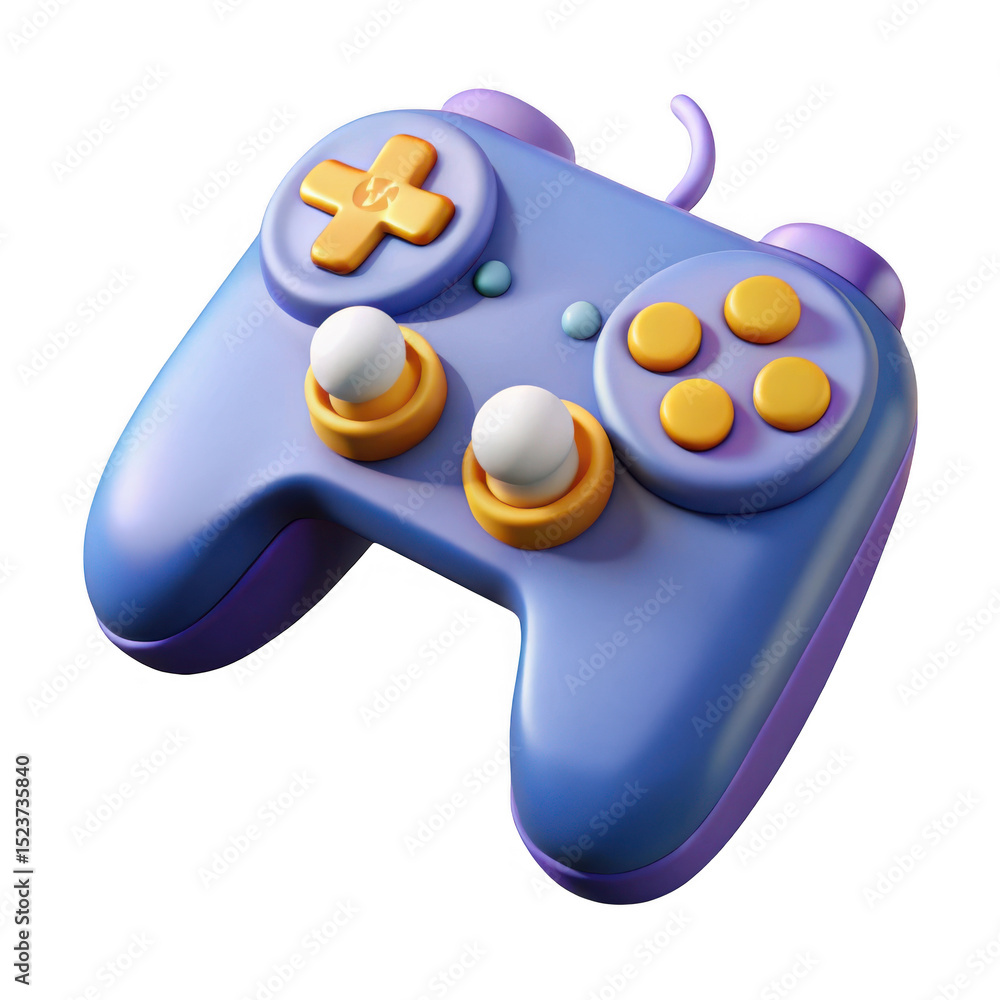Poster 3d render of a vibrant purple and gold game controller isolated on transparent background