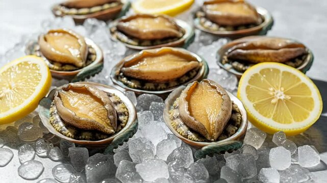 Fresh abalone seafood delicacy on ice with lemon slices. Premium abalone shellfish prepared for gourmet dining experience.