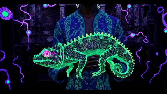 A woman is holding a glowing lizard