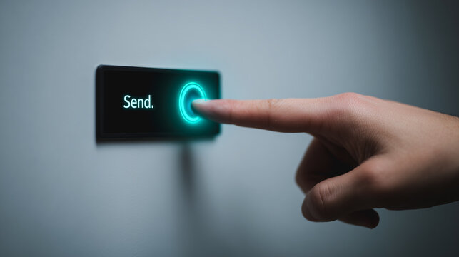 Send button: An individual's finger, poised to activate the glowing "Send" button, the epitome of digital communication. Capturing the simplicity and immediacy of modern connection.