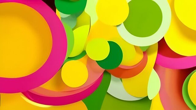 A vibrant abstract artpiece featuring overlapping and intertwining circles and ovals in bold shades of yellow, green, and pink.