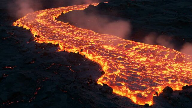 Lava oozes across surface. Molten rock flows across dark volcanic landscape.  Fiery lava stream creates dramatic texture and intense heat. Lava oozes across surface, perfect for disaster movie,