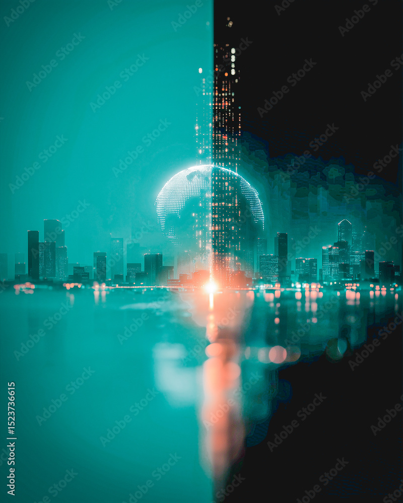 Poster digital cityscape: a futuristic cityscape merges with the digital world, creating a mesmerizing juxt