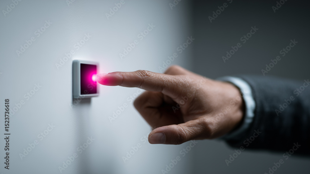 Poster pressing the button: a close-up shot capturing the moment a hand presses an illuminated button. evok
