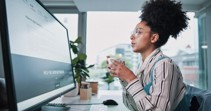 Business woman, coffee break and reading in office with thinking, morning routine and feedback. Professional, research and web article review with journalist, editor and report for information