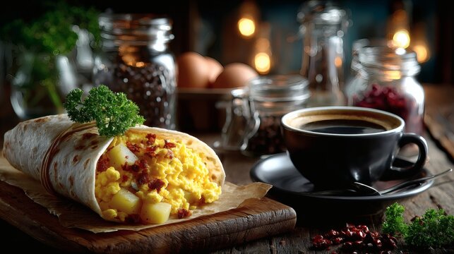 Breakfast wrap unwrapped halfway on parchment paper showing fillings of scrambled eggs, bacon, diced potatoes, and cheddar, placed on a wooden table with takeaway coffee and utensils 