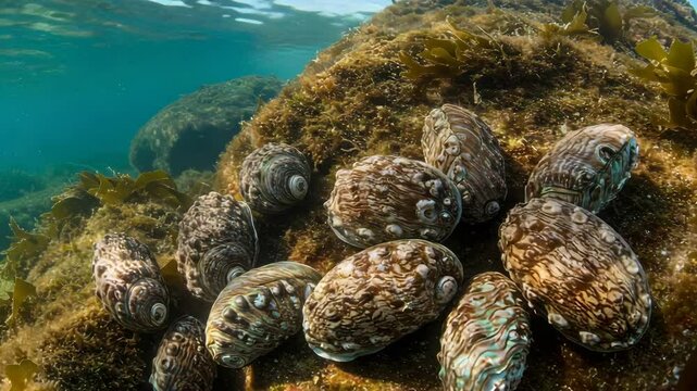 Group of abalone shellfish on rocks underwater. Abalone shellfish cluster on seabed near algae. Stunning abalone shellfish image for marine biology publications.